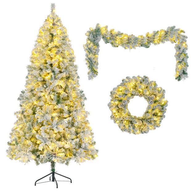 6FT Snow Flocked Christmas Tree, Pre-Lit Set with Garland & Wreath