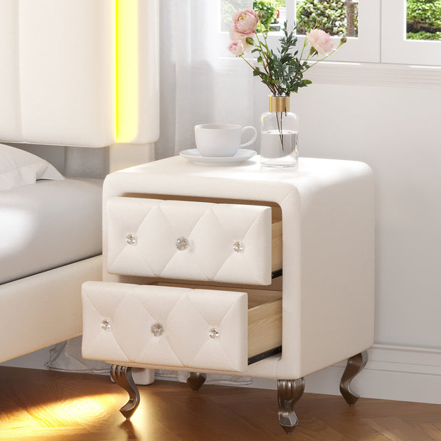 Elegant White Nightstand with 2 Drawers and Crystal Handles