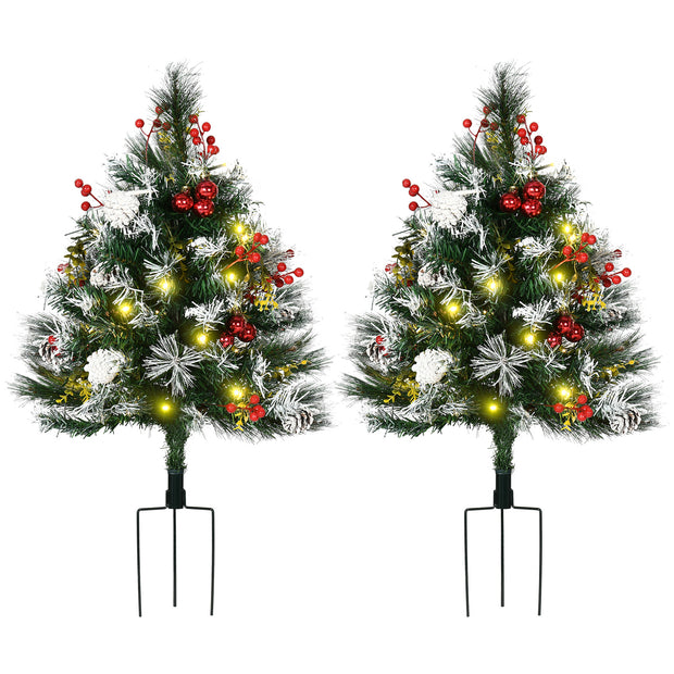 HOMCOM 2.5 Ft 2 Pack Outdoor Entryway Pre-Lit Artificial Cordless Christmas Trees with Warm White LED lights