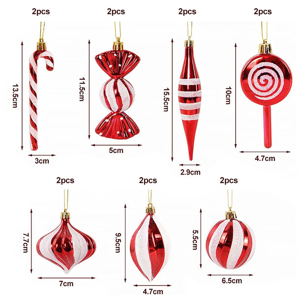 14pcs Red Candy Cane Christmas Ball Ornaments