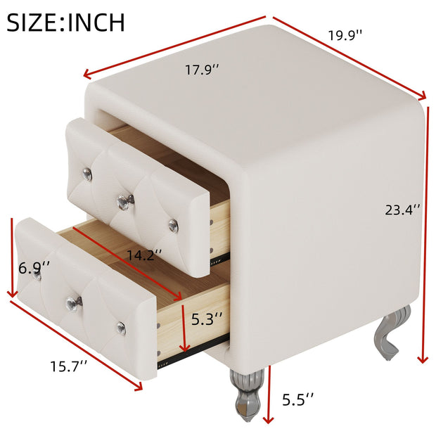 Elegant White Nightstand with 2 Drawers and Crystal Handles