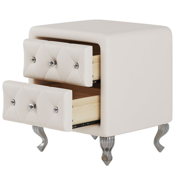 Elegant White Nightstand with 2 Drawers and Crystal Handles