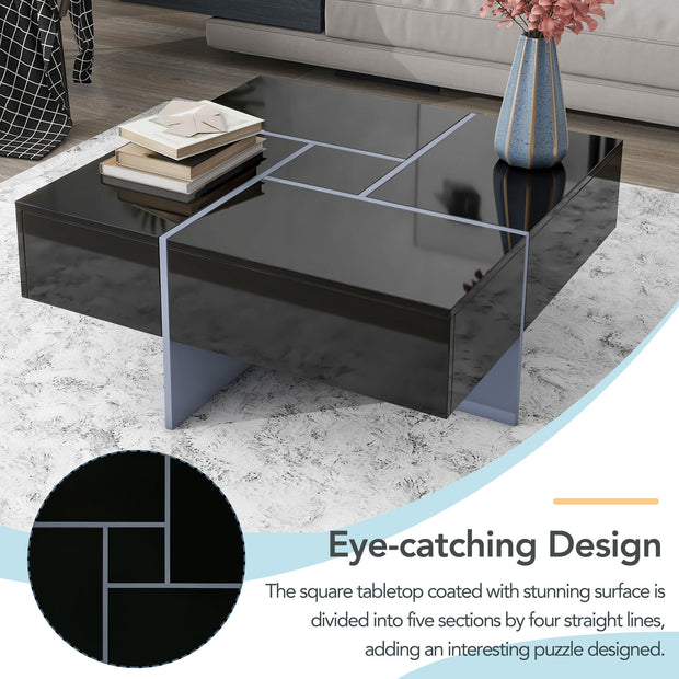 Sleek Square Coffee Table with 4 Hidden Storage Compartments