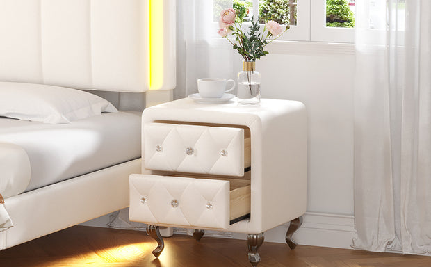 Elegant White Nightstand with 2 Drawers and Crystal Handles