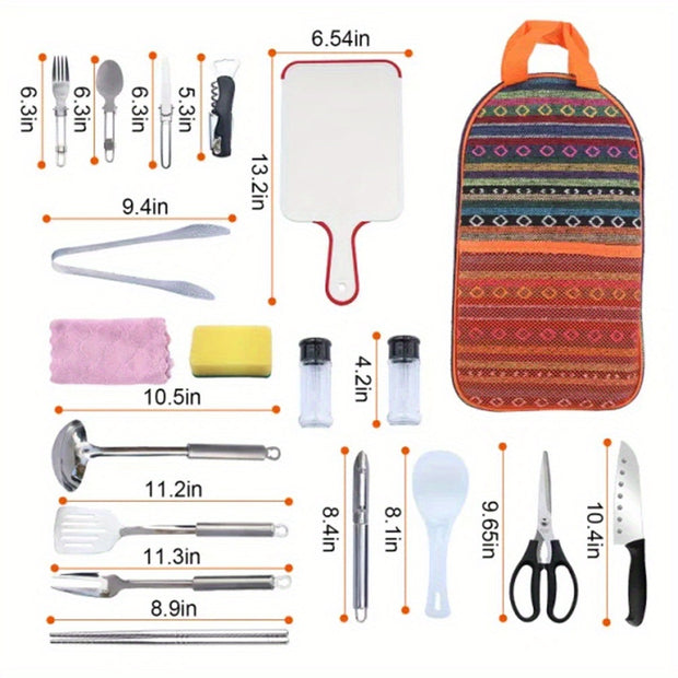 19Pc Outdoor Kitchen Utensil Kit with Storage Bag