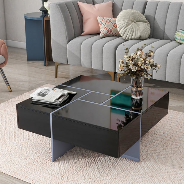 Sleek Square Coffee Table with 4 Hidden Storage Compartments