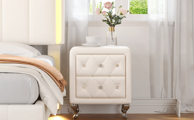 Elegant White Nightstand with 2 Drawers and Crystal Handles