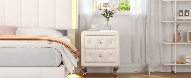 Elegant White Nightstand with 2 Drawers and Crystal Handles