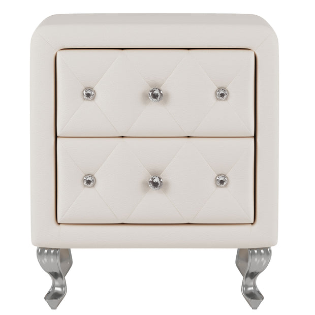 Elegant White Nightstand with 2 Drawers and Crystal Handles