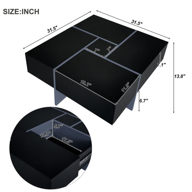 Sleek Square Coffee Table with 4 Hidden Storage Compartments