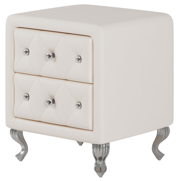 Elegant White Nightstand with 2 Drawers and Crystal Handles