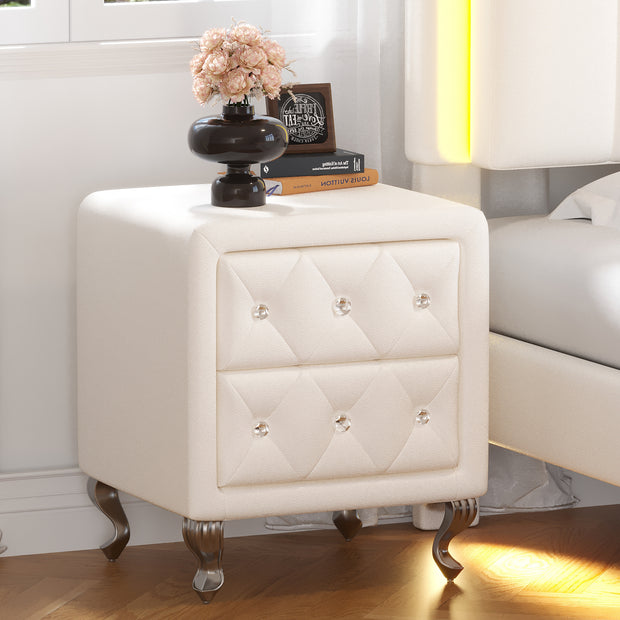 Elegant White Nightstand with 2 Drawers and Crystal Handles